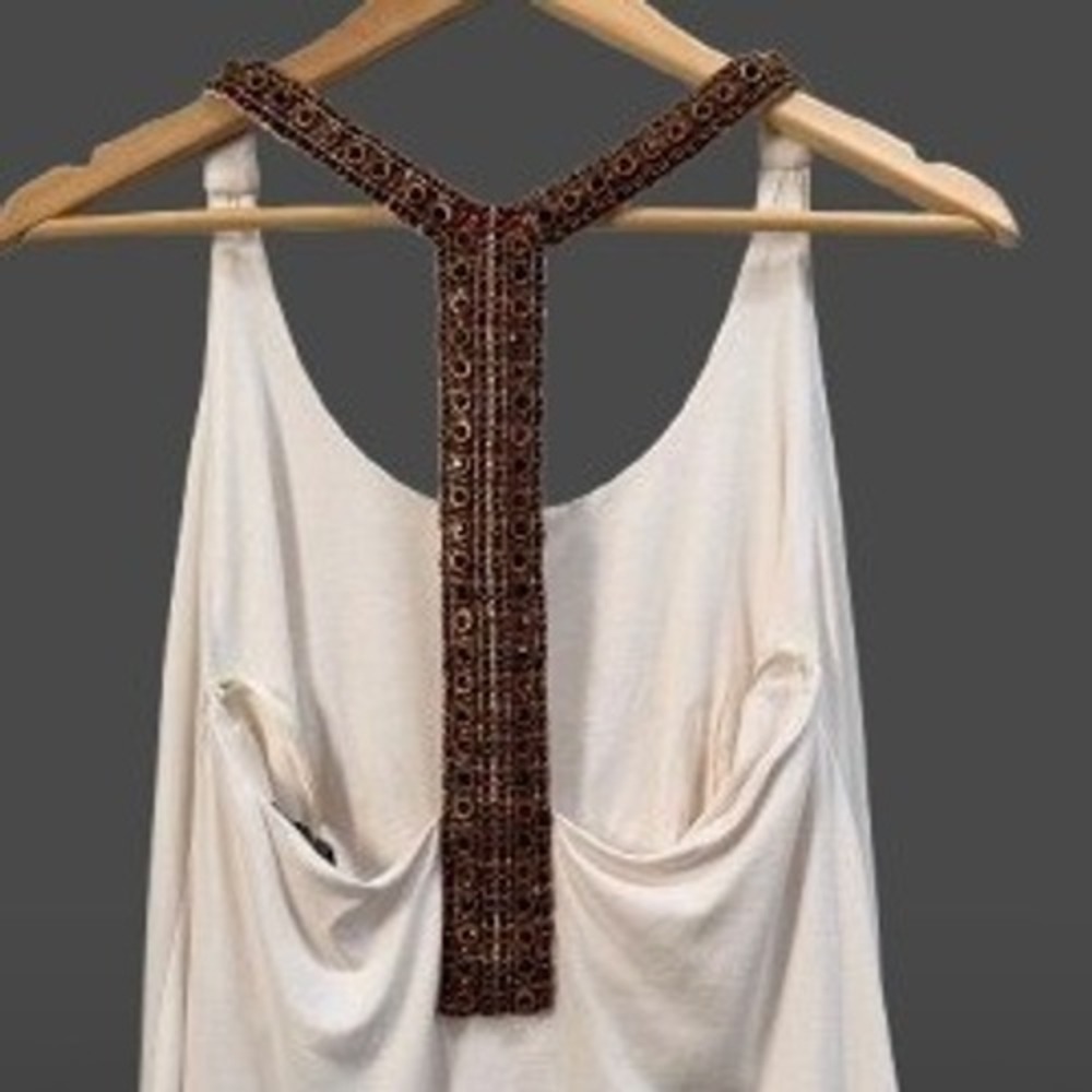 NEW Sky Beltran Cream Embellished T-Back Tank Top Bronze Beaded Large